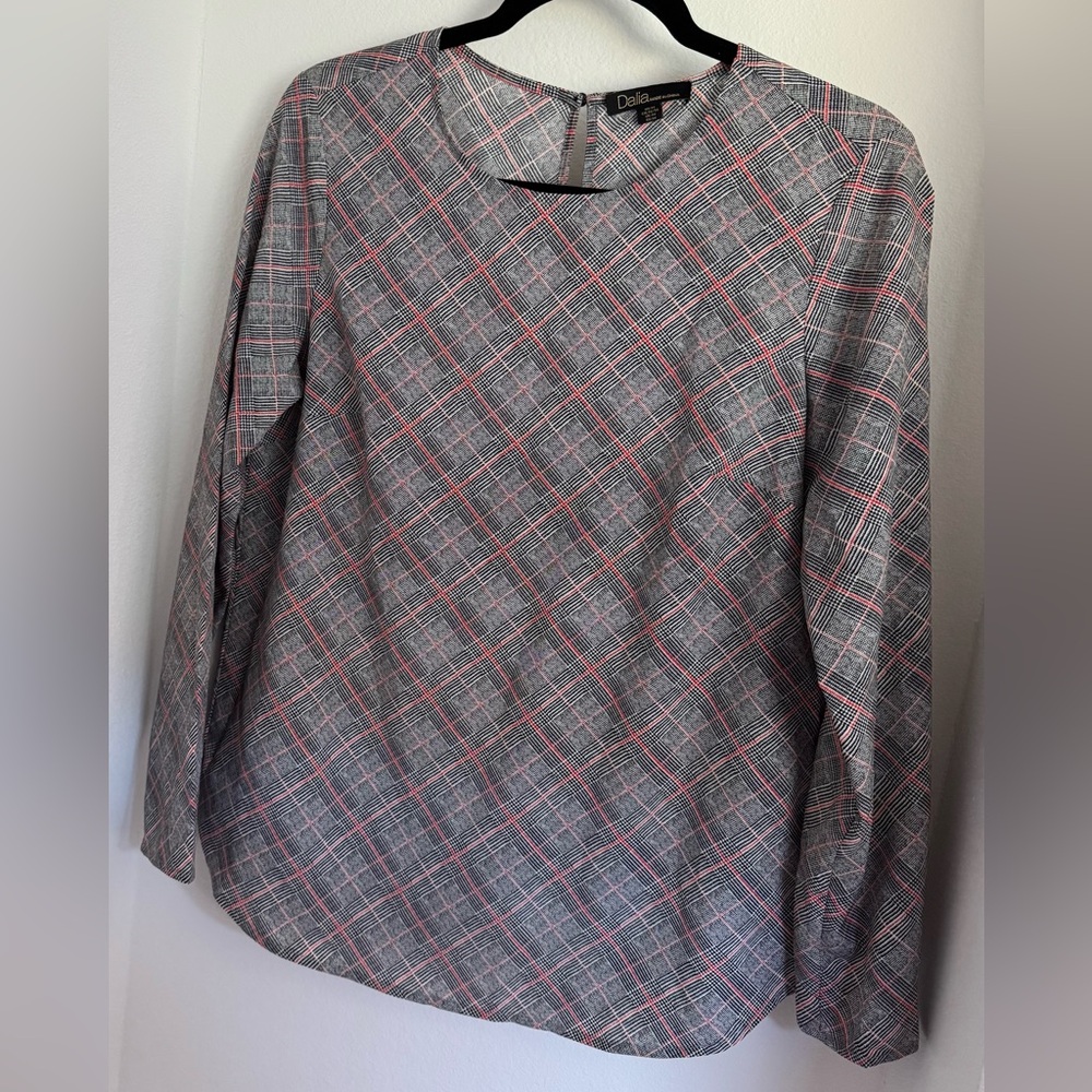 Dalia Blouse Gray and Red Plaid long sleeve round neck size m